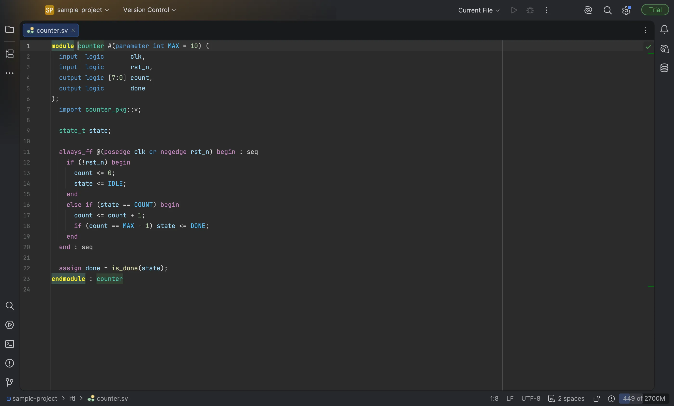 rtl/counter.sv from the sample project in the SystemVerilog Studio Dark color scheme