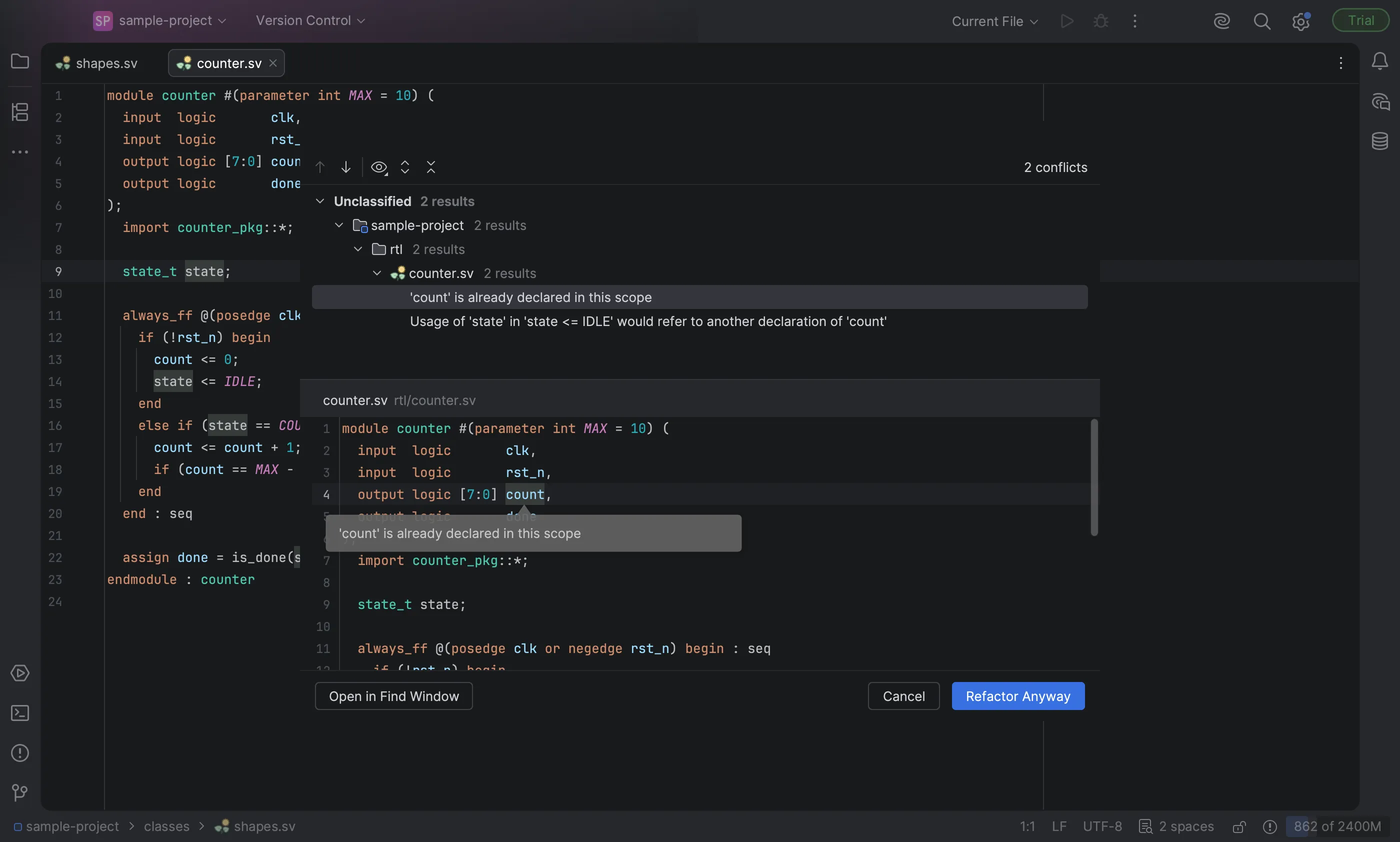 The Conflicts Detected dialog listing two conflicts for renaming state to count