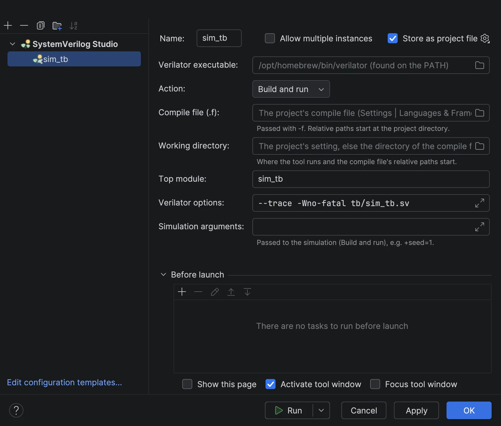 The Run/Debug Configurations dialog with the configuration sim_tb: Action Build and run, Top module sim_tb, and Verilator options –trace -Wno-fatal tb/sim_tb.sv