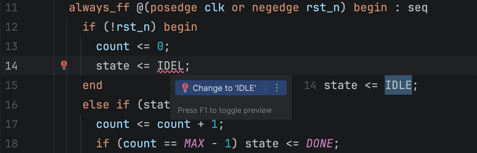 The Alt+Enter popup under IDEL offering Change to ‘IDLE’, with a preview of the corrected line, IDLE highlighted