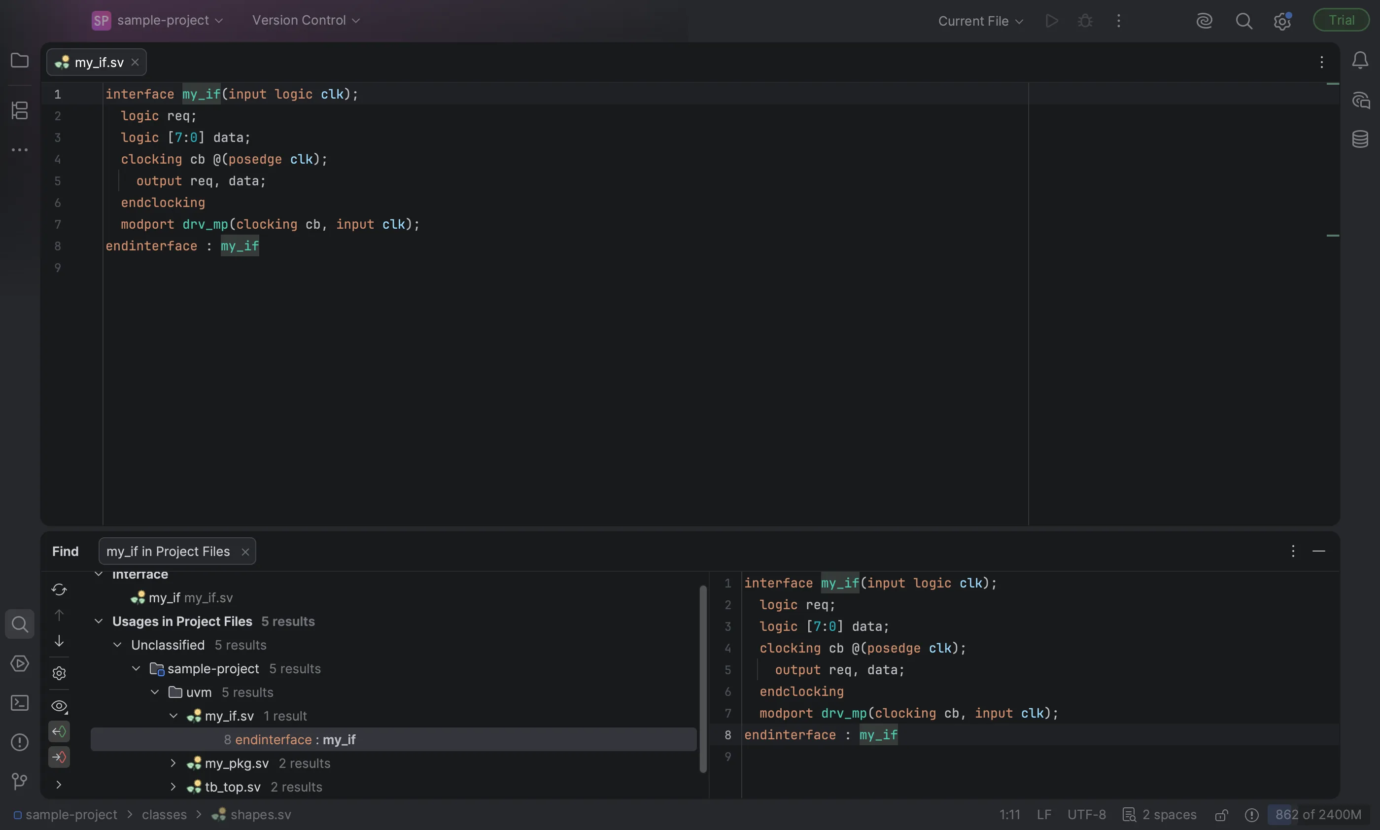 Find Usages of the interface my_if listing usages in my_pkg.sv and tb_top.sv